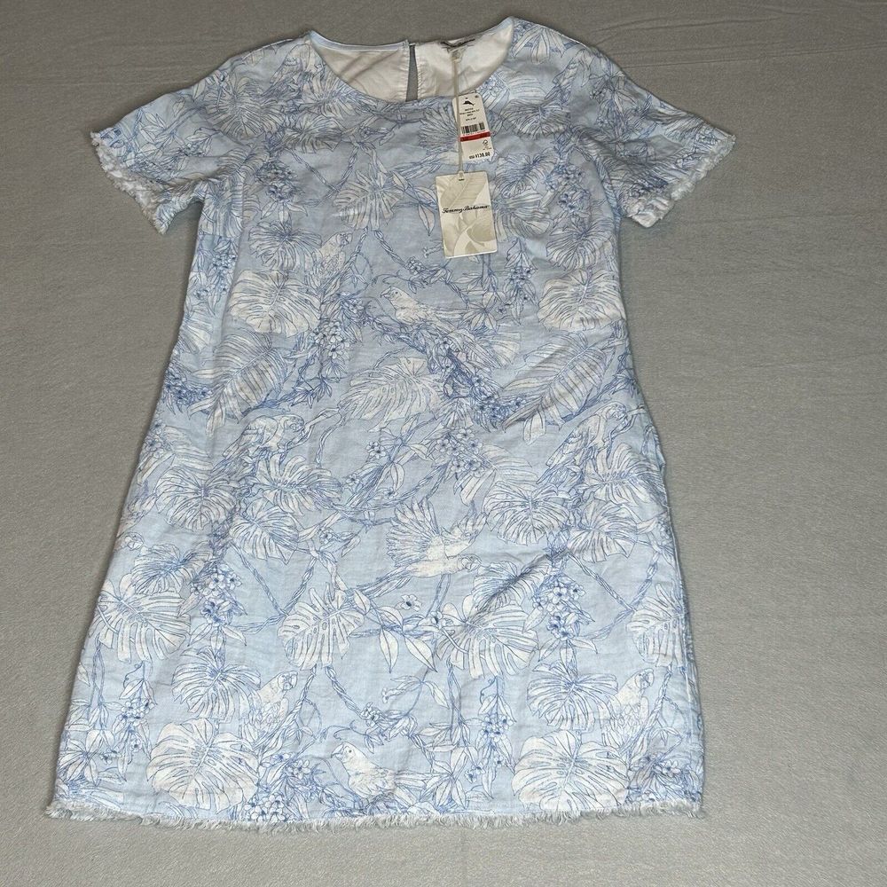 NWT Tommy Bahama Womens XS Linen Shift‎ Dress Blue Tropical Short Sleeve